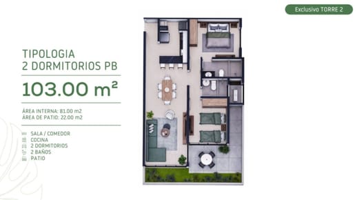 Exclusivo departamento de 2 dormitorios con patio, en pozo, en Veralta Vida de Club.