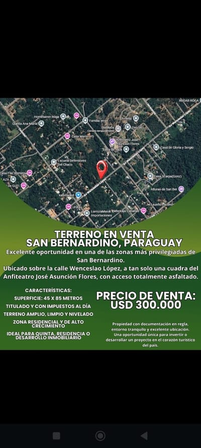 OPORTUNIDAD EN SAN BERNARDINO , 3.825 mts2 , terreno sobre Av. Wencesnlao López