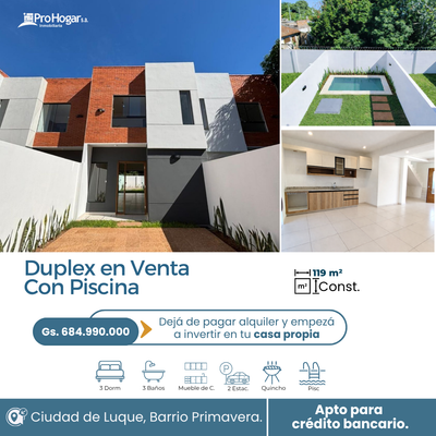 VENDO DUPLEX DE 3 DORMITORIOS CON PISCINA EN LUQUE B PRIMAVERA