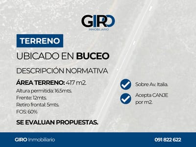 Terreno sobre AV ITALIA zona Buceo, acera sur. Área total 417m2, se evalúan propuestas