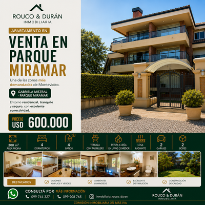 Exclusivo Apartamento en Venta en Parque Miramar: Lujo y Confort en la Zona Más Cotizada. 4 Dormitorios (incluido servicio completo), 4 Baños, Dos Garajes con Box.