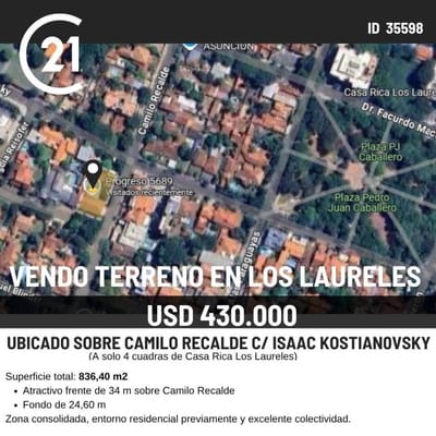 Vendo terreno en barrio Los Laureles, a 4 cuadras de Casa Rica - Asunción