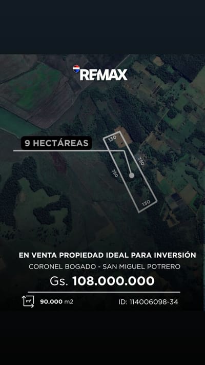 En venta 9 hectáreas en Coronel Bogado