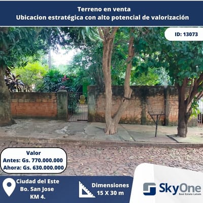Terreno En Venta En Ciudad Del Este | 450 M² | Km 4 | Barrio San José