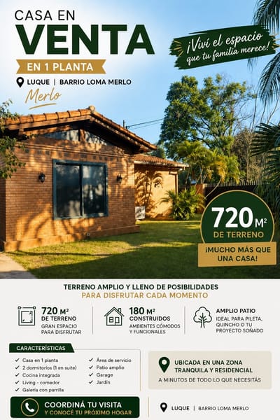 Amplia Casa en  Venta Barrio Loma Merlo, Luque