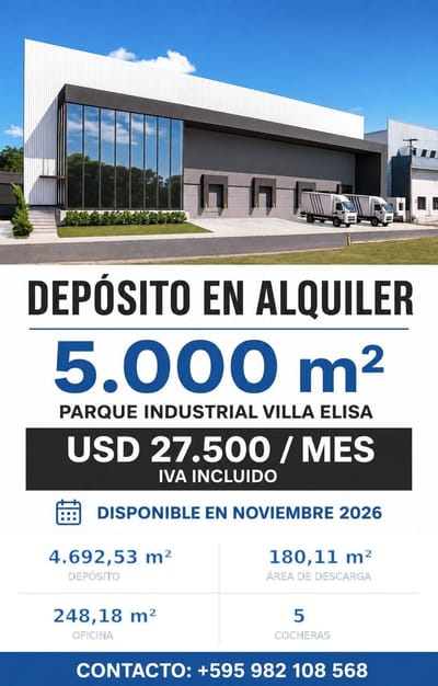 DEPÓSITO EN ALQUILER 5000 M2 EN PARQUE INDUSTRIAL VILLA ELISA