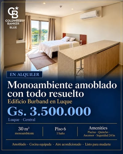 EN ALQUILER - MONOAMBIENTE AMOBLADO EN LUQUE EDIFICIO BURBAND - PISO 6 CON BALCÓN 3.500.000
