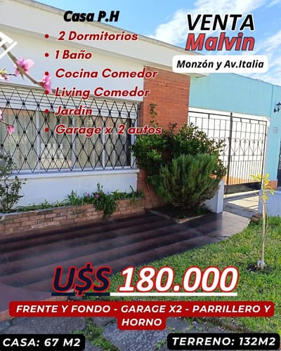 Oportunidad!!! Malvin Casa Ph. - Monzon Y Av. Italia - 2 Dormitorios , Baño, Cocina C/comedor, Living, Estufa A Leña, Jardin, Gge X 2