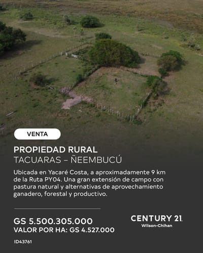 GRAN PROPIEDAD RURAL EN VENTA | TACUARAS – ÑEEMBUCÚ, 1.215 hectareas