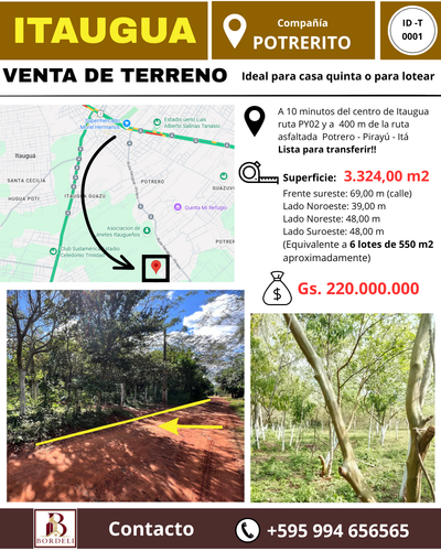 Terreno de 3.324 m2. en Potrerito - Itauguá