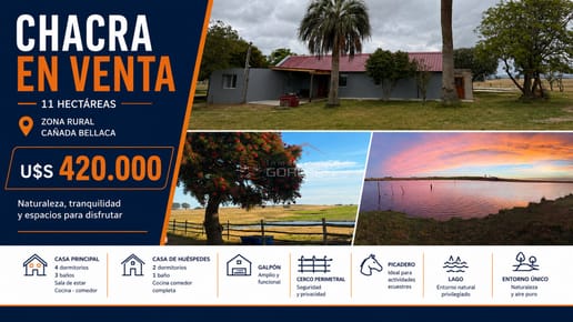 Chacra 11 Hectáreas con linda casa, piscina, Lago