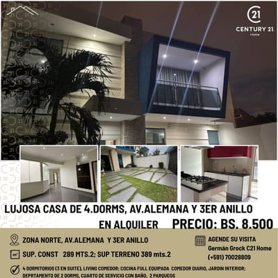 LUJOSA Y AMPLIA CASA DE 4 DORMS, AV ALEMANA Y 3ER ANILLO EN ALQUILER