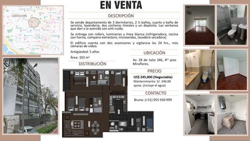 Venta departamento 3 dormitorios en Av. 28 de Julio - Miraflores