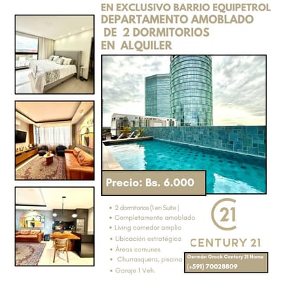 DEPARTAMENTO DE LUJO Y AMOBLADO EN ALQUILER, 2 DORMITORIOS, BARRIO EQUIPETROL