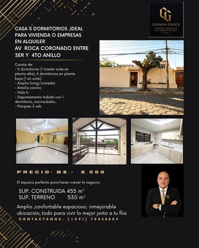 PARA VIVIENDA O EMPRESA,CASA DE 5 DORMIS,AV ROCA CORONADO EN ALQUILER