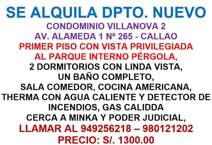SE ALQUILA DPTO. NUEVO CONDOMINIO VILLANOVA 2 AV. ALAMEDA 1 Nº 265 - CALLAO