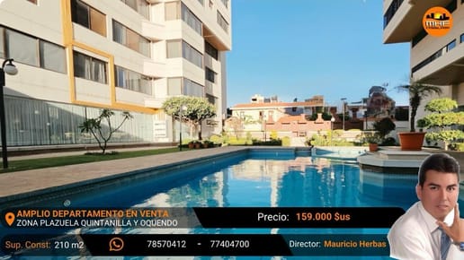 AMPLIO DEPTO + PARQUEO EN VENTA PISCINA, AMENIDADES. Z/ PLAZA QUINTANILLA