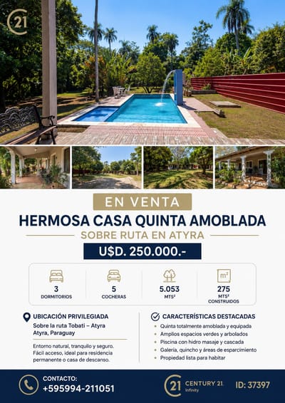 **EN VENTA HERMOSA QUINTA AMOBLADA "PERLA ROGA" EN ATYRÁ. 5.053 m²**