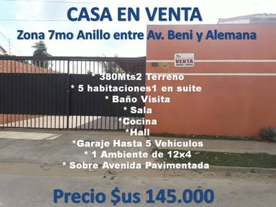 CASA EN VENTA 7MO ANILLO ENTRE BENI Y ALEMANA