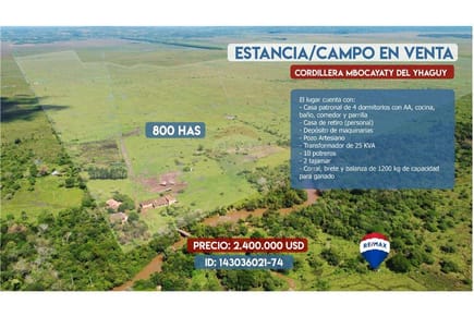 VENDO ESTANCIA DE 800 HAS EN MBOCAYATY DEL YHAGUY