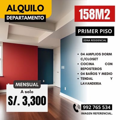 DEPARTAMENTO 1ER PISO 158m², S/. 3,300 – Santiago de Surco