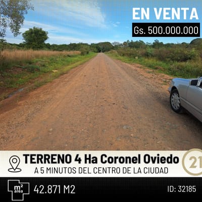 Terreno de 4 Hectáreas a 5 min. Del Centro de Coronel Oviedo
