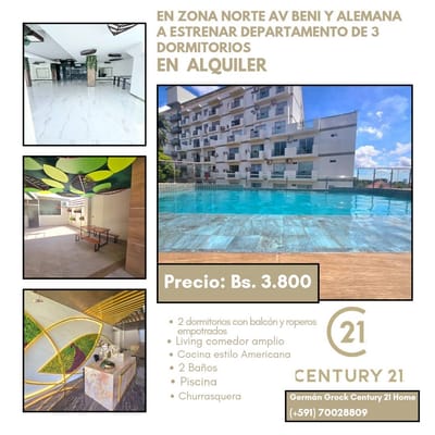 MODERNO DEPARTAMENTO A ESTRENAR EN ALQUILER A SOLO BS 3.800