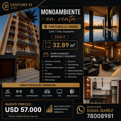 MONOAMBIENTE AMOBLADO Y EQUIPADO EN VENTA