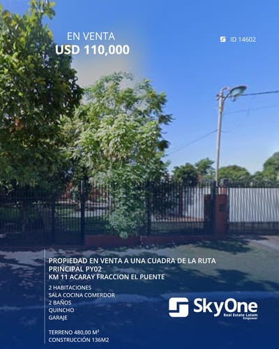 Propiedad en venta a una cuadra de la Ruta PY02