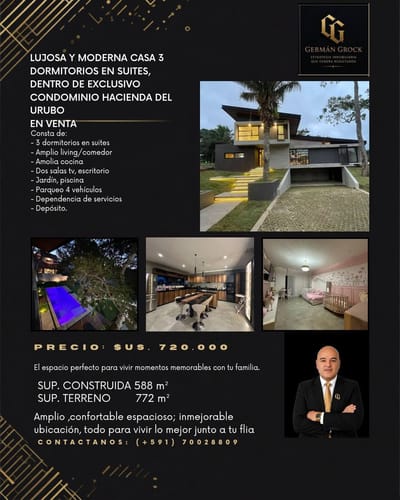 LUJOSA CASA DE 3 DORMS EN SUITE EN VENTA, COND HACIENDA DEL URUBO
