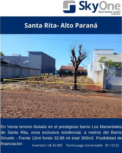 ID 12122 - Vendo Terreno De 393 M2 En Santa Rita - Alto Paraná