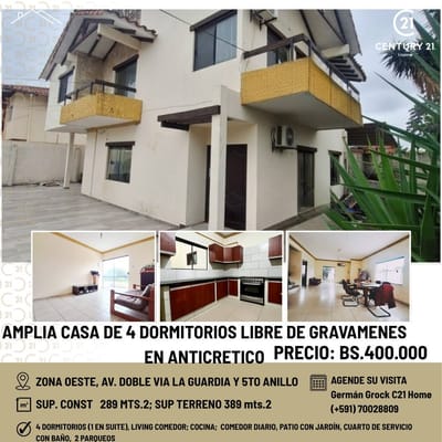EN ANTICRETICO, LIBRE DE GRAVAMENES, CASA EN DOBLE VIA LA GUARDIA Y 5TO ANILLO