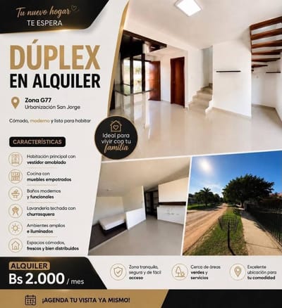 ¡DÚPLEX EN ALQUILER – ZONA G77! Urbanización San Jorge – Av. G77, 9.º anillo