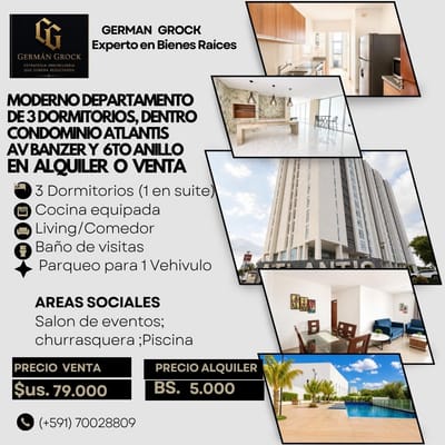 MODERNO DPTO DE 3 DORMS EN VENTA O ALQUILER EN AV BANZER 