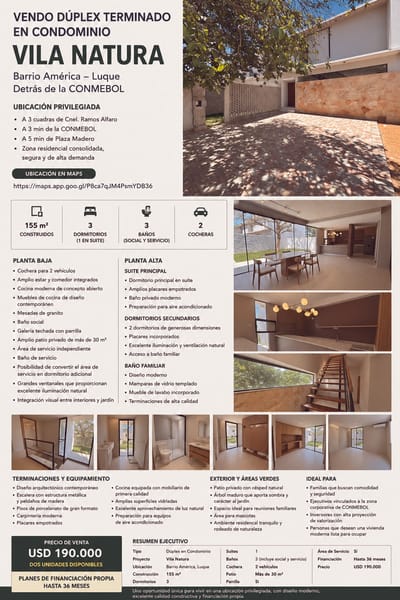VENDO DÚPLEX TERMINADO EN CONDOMINIO VILA NATURA-ZONA CONMEBOL