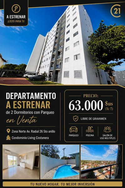 Departamento en Venta de 2 Dormitorios a Estrenar con Balcón y Parqueo