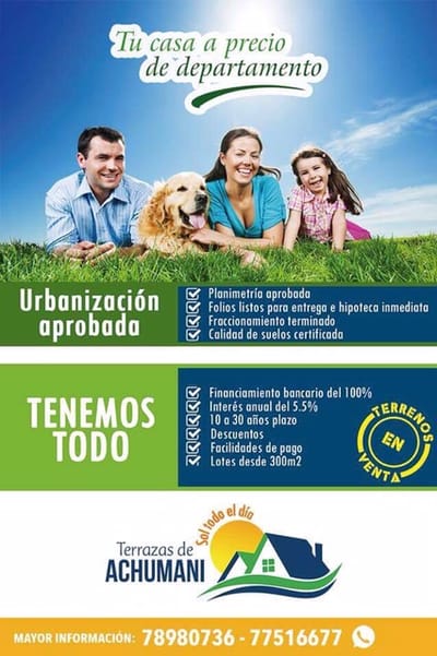 Urbanización TERRAZAS DE ACHUMANI terrenos de 300m2 desde 42.000$ a credito.