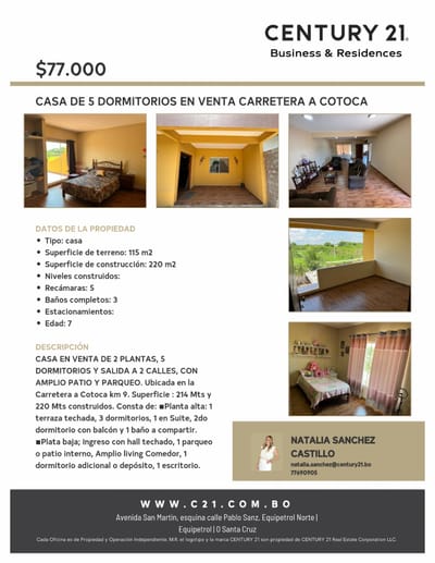 CASA EN VENTA 4 DORMITORIOS. CARRETERA  A COTOCA KM 9.