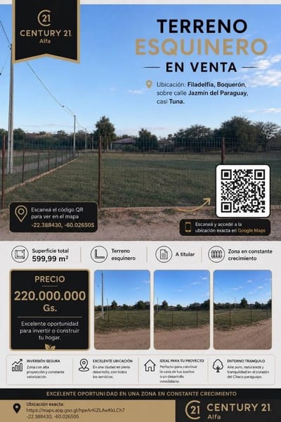 Venta de Terreno esquinero a titular en Filadelfia-Excelente