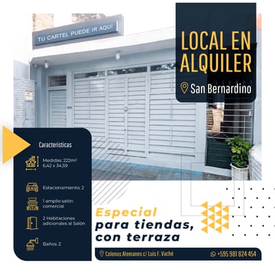 Alquiler / Venta: Salón Comercial con Terraza en el centro de San Bernardino