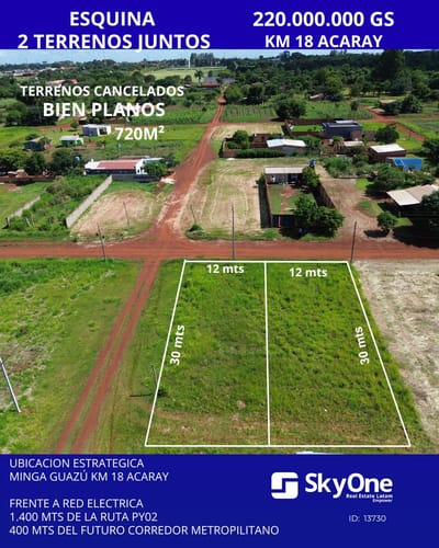 En esquina 2 terrenos juntos a la venta km 18 acaray.