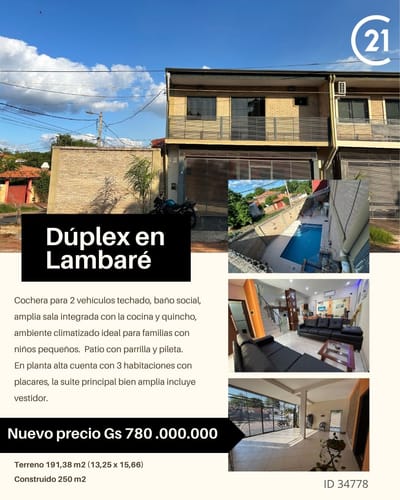 Amplia Casa tipo dúplex en esquina con pileta en Lambaré, Santa Lucia
