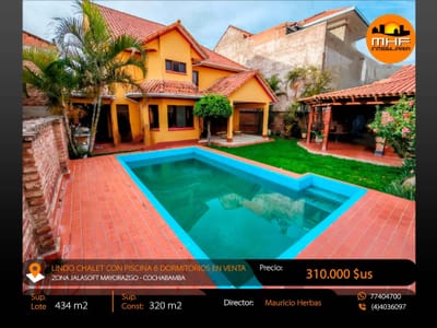 EN VENTA CHALET CON PISCINA 6 DORM. ZONA SIMON LOPEZ MELCHOR PEREZ CBBA