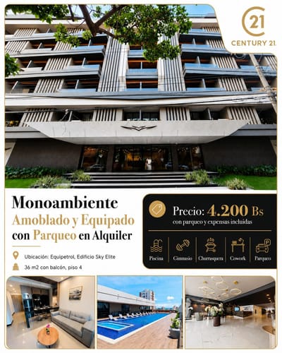Monoambiente Amoblado en Alquiler con Balcon y Parqueo en SKY Elite