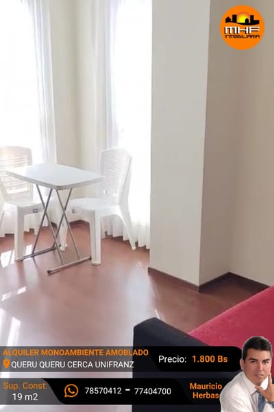 ALQUILER MONOAMBIENTE AMOBLADO QUERU QUERU CERCA UNIFRANZ