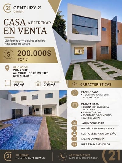 CASA MODERNA A ESTRENAR EN VENTA – ZONA SUR