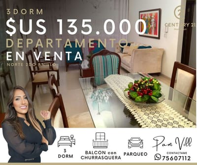 DEPARTAMENTO EN VENTA DE 3 DORMITORIOS CON BALCON Y PARQUEO