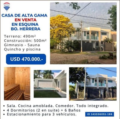 VENDO CASA DE ALTA GAMA EN ESQUINA ZONA BARRIO HERRERA