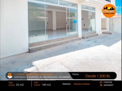 EN ALQUILER 2 LOCALES COMERCIALES ZONA PACATA COCHABAMBA