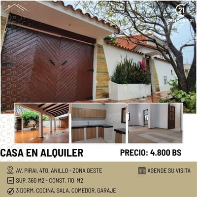 A SOLO BS 4.800, CASA EN ALQUILER   AV PIRAI
